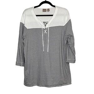 Chico’s Women’s Size 3 XL Black White Striped Top 3/4 Sleeves Shirt Lace Up Neck